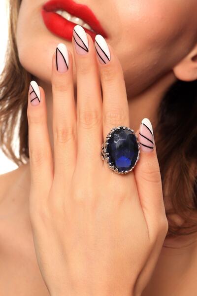 LABALABA Kadın Antik Gümüş Kaplama Lacivert Renk Savarowski Taş Detaylı Ayarlanabilir Tasarım Yüzük