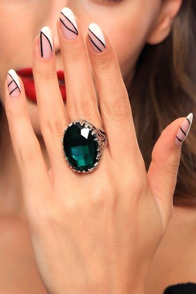 LABALABA Kadın Antik Gümüş Kaplama Yeşil Renk Savarowski Taş Detaylı Ayarlanabilir Tasarım Yüzük