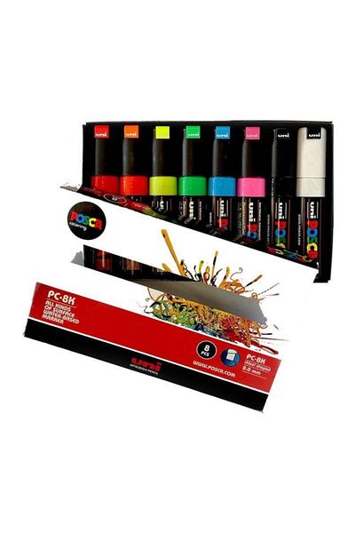 Uni Posca Pc-8k 8.0 Water Based Painting Marker Fluorescent 7+1 Set