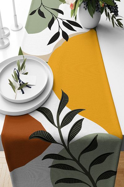 Nish & Royal Digital Printed Special Design Suede Runner with Colorful Background and Onedraw Drawing Leaf Pattern