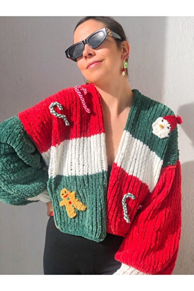 ORGANICMIRA Kadın Yeni Yıl Yılbaşı Özel Tasarım Hırka Oversize Merry Christma...