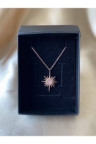 Venüs Doğal Taş Pembe Kuvars Kuzey Yıldızı Rose Gold Kolye