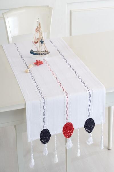 ÖDEL HOME عداء أبيض مخرم ومطرز مقاس 50x130 سم