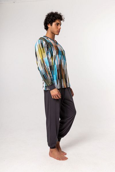 Nur Aka by Nurteks Multicolored Striped V-neck Cotton Large Size Pajamas Set