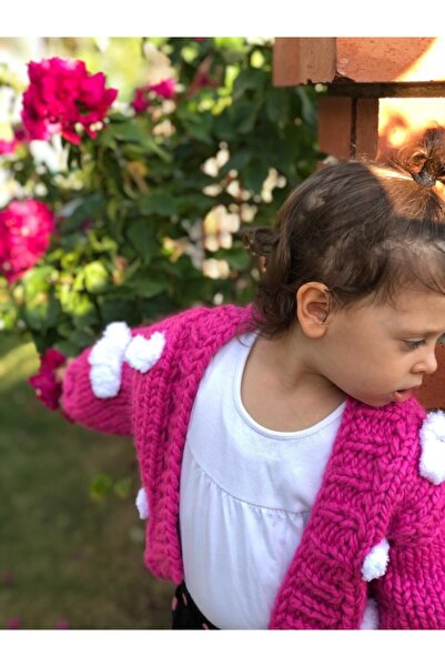 ORGANICMIRA Çocuk Pembe Bulutlu Ceket Bulut Desenli Hırka Örgü