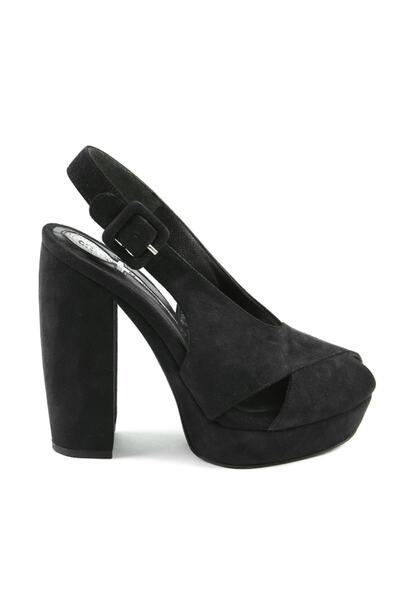 CANES AYAKKABI Kadın Siyah Süet Badem Burun Yanları Dekolteli Ayakkabı