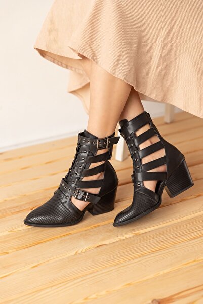 Bej Ayakkabı Women's Back Zippered Double Buckle Adjustable and Tied Summer Boots Matte Black