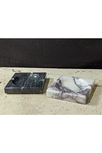 Pergamon Dark Gray and Lilac White Ash Tray Set of 2 Real Marble
