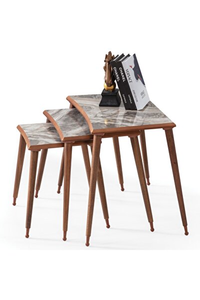 Grande Home 3'lü Kahve Mermer Dikdörtgen Ahşap Zigon Ceviz Kenarlı Sehpa Lüx ...