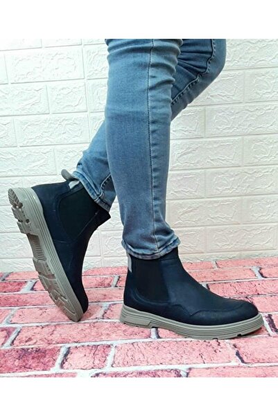 Voyager 5416 Lacivert Fermuarsız Hakiki Deri Ortapedik Erkek Kısa Bot