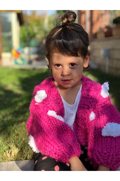 ORGANICMIRA Çocuk Pembe Bulutlu Ceket Bulut Desenli Hırka Örgü