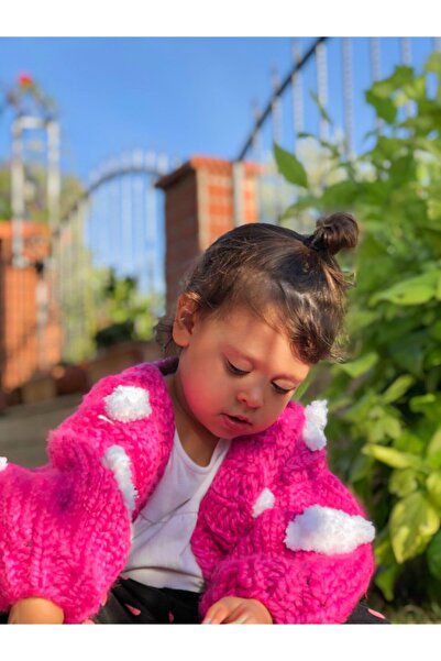 ORGANICMIRA Çocuk Pembe Bulutlu Ceket Bulut Desenli Hırka Örgü