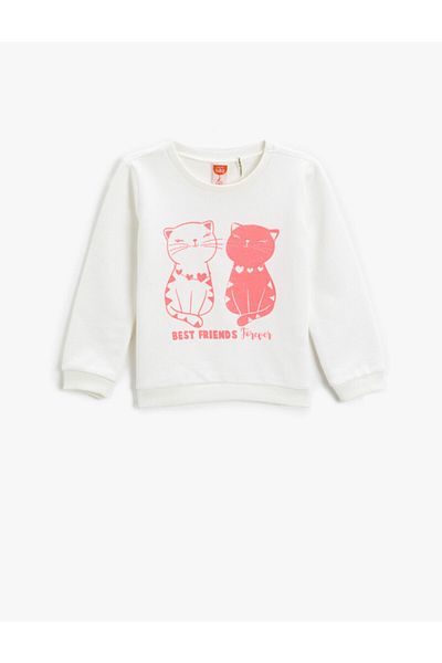 Koton Cat Printed Sweatshirt Crew Neck Cotton