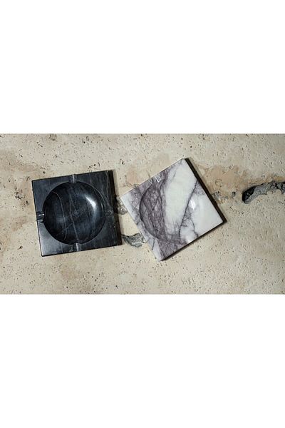 Pergamon Dark Gray and Lilac White Ash Tray Set of 2 Real Marble