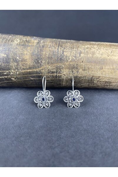 BEY SİLVER Telkari Safir Taşlı Papatya Gümüş Kadın Küpe