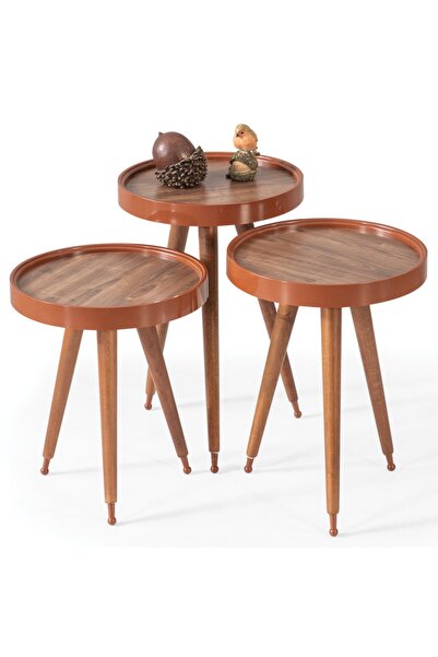 Grande Home 3'lü Ahşap Yuvarlak Zigon Sehpa Ceviz Polen Lüx Ayaklı C6