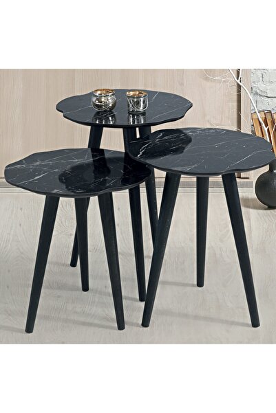 Grande Home 3'lü Yaprak Ahşap Zigon Sehpa Siyah Mermer B4