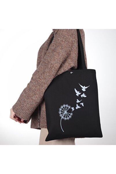 pamukcanta Kuşlu Karahindiba Tasarım Siyah Bez Çanta