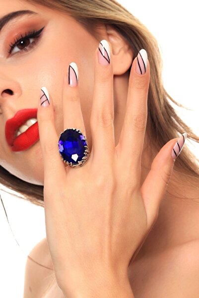 LABALABA Kadın Antik Gümüş Kaplama Lapis Renk Savarowski Taş Detaylı Ayarlanabilir Tasarım Yüzük