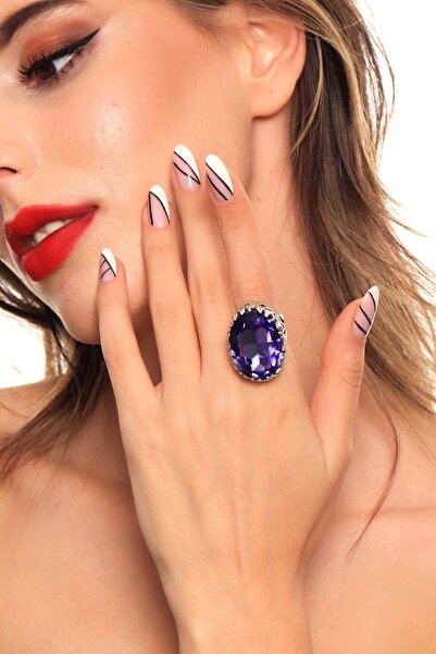 LABALABA Kadın Antik Gümüş Kaplama Mor Renk Taş Detaylı Ayarlanabilir Tasarım Yüzük