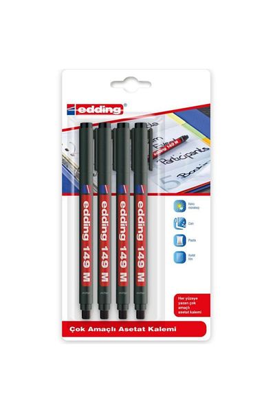 Edding 149 M Multi-Purpose Permanent Pen (Acetate Pen with Eraser) Set of 4 Black