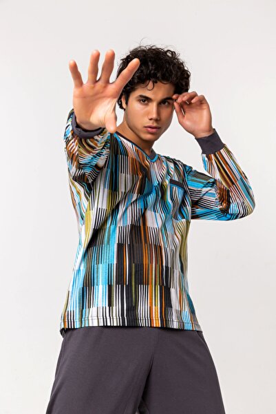 Nur Aka by Nurteks Multicolored Striped V-neck Cotton Large Size Pajamas Set