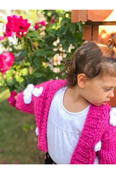 ORGANICMIRA Çocuk Pembe Bulutlu Ceket Bulut Desenli Hırka Örgü