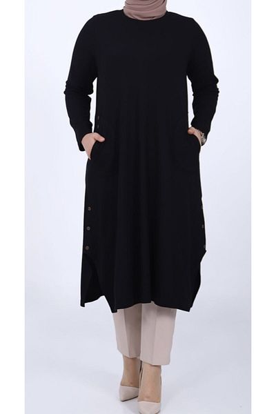 SENFONİ Ece Ribbed Camisole Large Size Black Tunic