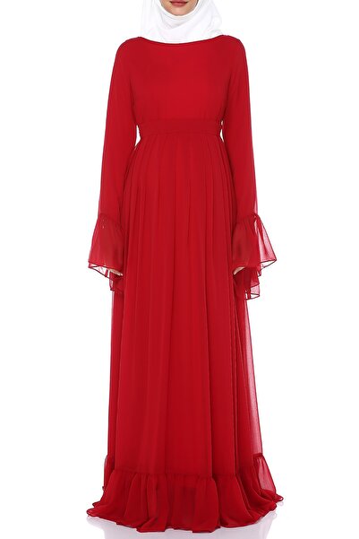 MODA LABİO Kırmızı Minel Şifon Tesettür Hamile Elbisesi