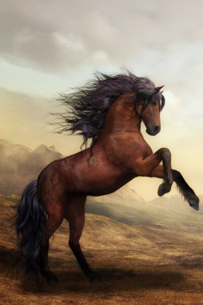 Resmiro Kahverengi Şahlanan At Desenli Dijital Baskılı Halı Mrc1634