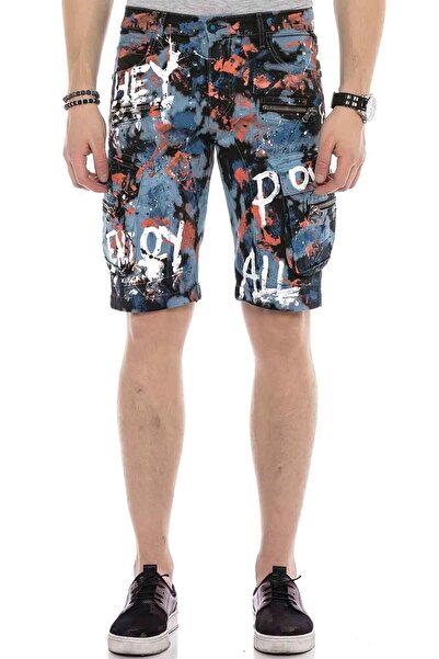 Genel Markalar Erkek Mavi Tamamı El Boyama Kot Kapri Şort