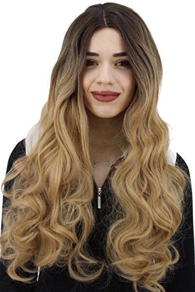 Eva Peruk Sarı Koyu Kumral Balköpüğü Ombreli Dalgalı Fiber Sentetik Peruk