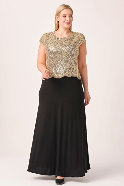 Oktay Altın Payetli Altı Uzun Esnek Kumaş Büyük Beden Abiye Elbise