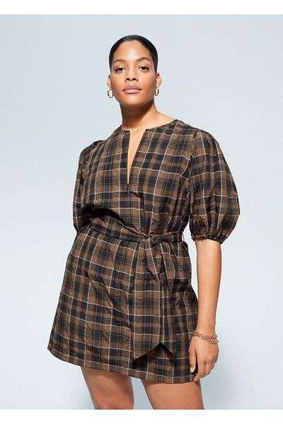 Violeta by MANGO Bluză lungă în carouri maro de damă 67035714