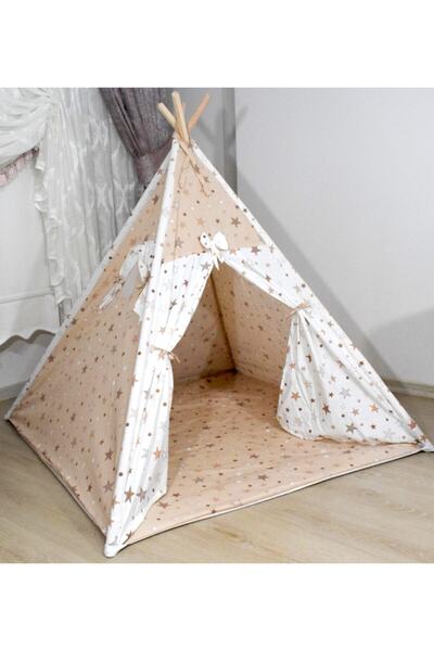 miniks Pamuklu Ahşap Çocuk Oyun Evi, Kızılderili Temalı, Kahverengi, Eğlencel...