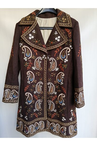 Butik Tülin Kadın Kahve Otantik Yün Nakışlı Palto