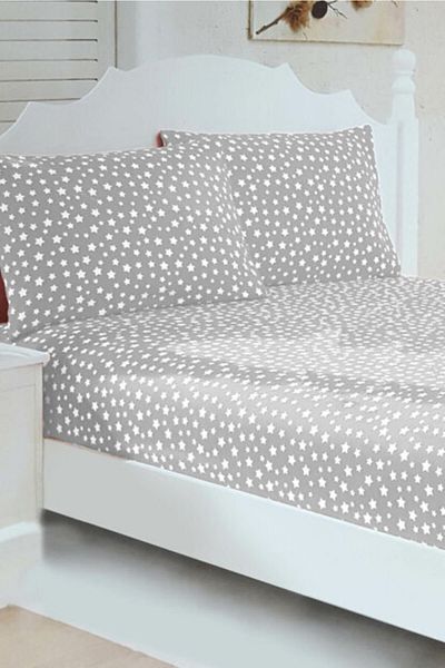 mer-tim ezberbozan ev tekstili Mer-tim Cotton Ranforce Double Oversize Elasticless Gray Star Patterned Sheet Set 240x260