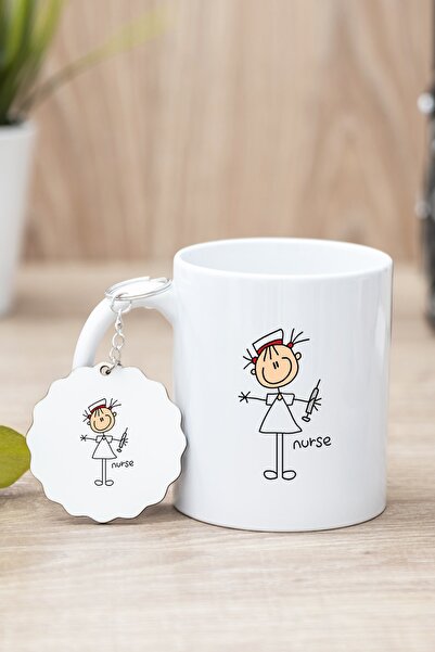 Procity Beyaz Hemşire Karikatürü Baskılı Kupa Bardak ve Anahtarlık