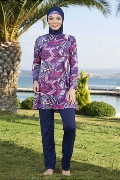 Estiva Women's Pink Purple Patterned Large Size Full Covered Hijab Swimsuit 2045
