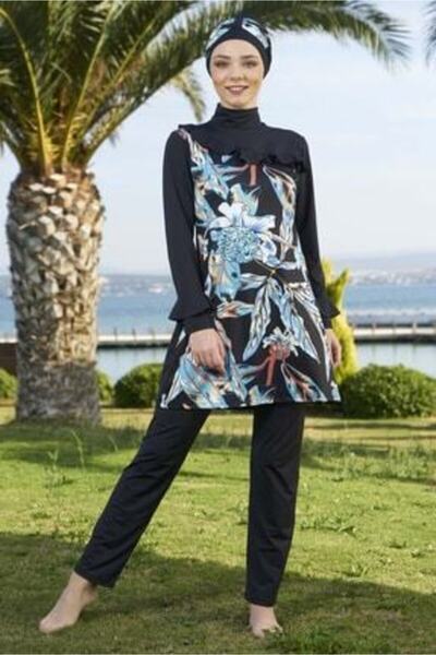 Estiva Жіночий чорний купальник з квітковим принтом, повністю закритий, 2055