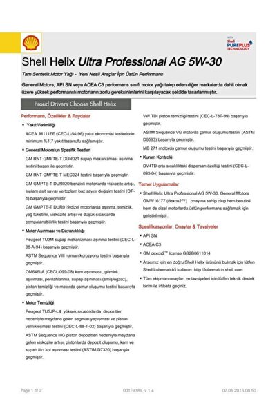 SHELL Helix Ultra Pro Ag 5w30 1 Litre Dexos2-c3 Dpf Onaylı