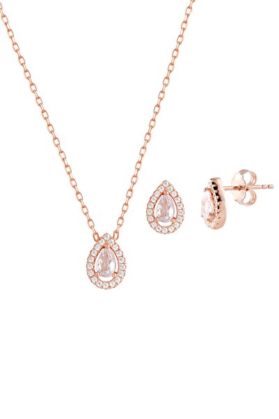 Afrodit Silver Damla Kolye Küpe Gümüş Set