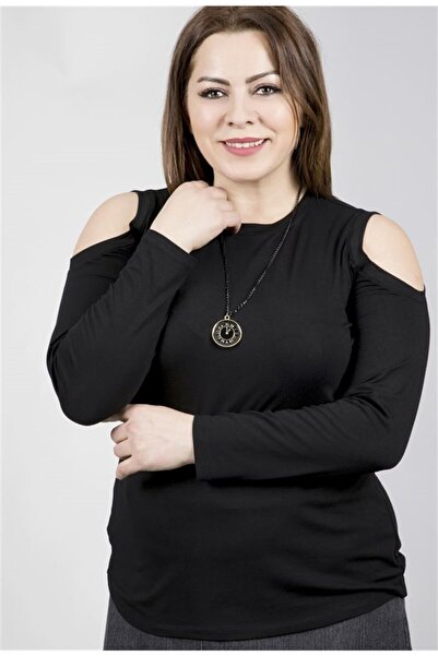 MYLİNE Bluză neagră de damă, cu mânecă lungă, cu decolteu deschis și pandanti...