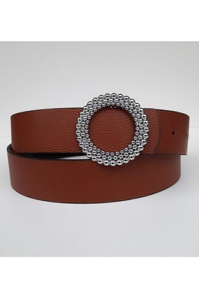 Kemerix Tan Pearl Embroidered Women's Belt - Buckle, Çt1213
