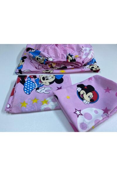 Pınar Home Pembe Dokuma Mickey Mouse Lastikli Çarşaf Ara Boy 120x200 cm 1 Adet  Yastık Kılıfı
