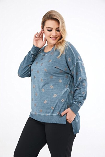 Seamoda Hanorac de damă, albastru petrol, imprimat cu frunze, cu fante laterale