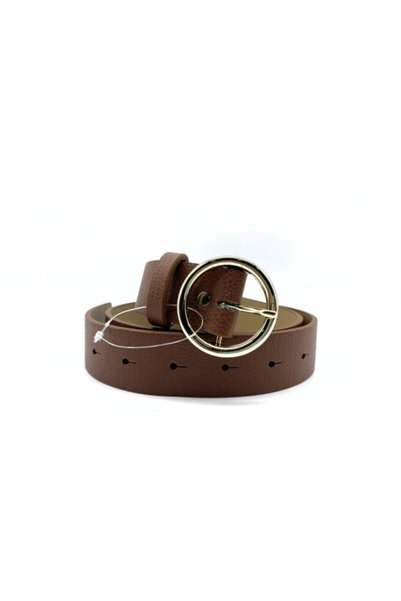 LİA KEMER Classic Round Tan Leather Belt with Gold Buckle