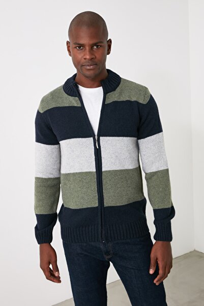 Trendyol Collection Color Blocked Khaki Slim Knitwear Cardigan - Half Turtleneck Tmnaw21Hi0485