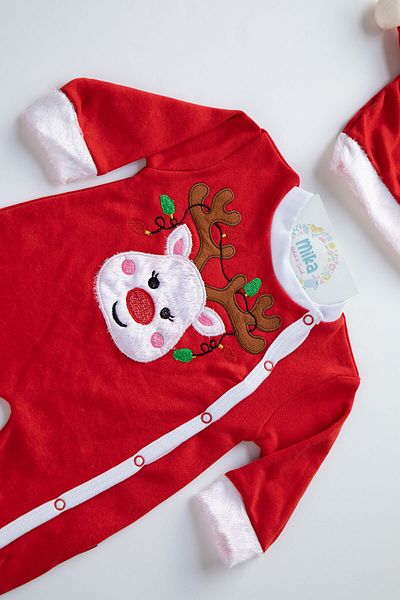 Mika Bebek & Çocuk Deer Embroidered Cowl 2-Piece New Year Baby Red Romper