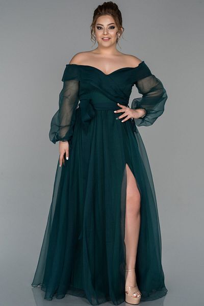 Abiyefon Emerald Leg Low-cut Balloon Sleeve Plus Size Evening Dress Abu1535